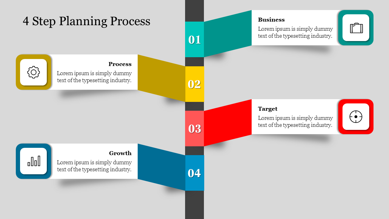 A 4 step planning process infographic with colorful blocks representing business, process, target, and growth stages.