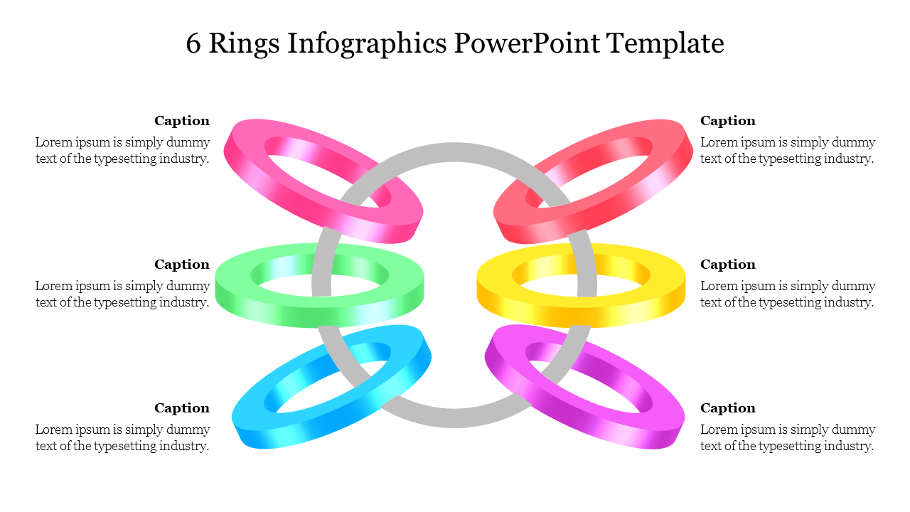 Colorful ring diagram with six interlocked rings in pink, green, yellow, blue, and purple, each ring with a  caption area.