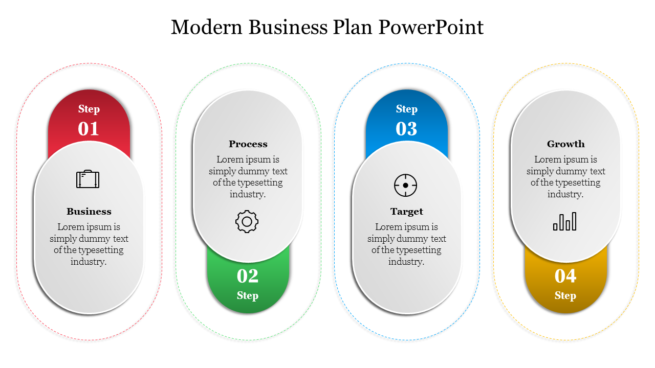 Modern business plan template with four oval sections, each step highlighted by a unique color and icon.