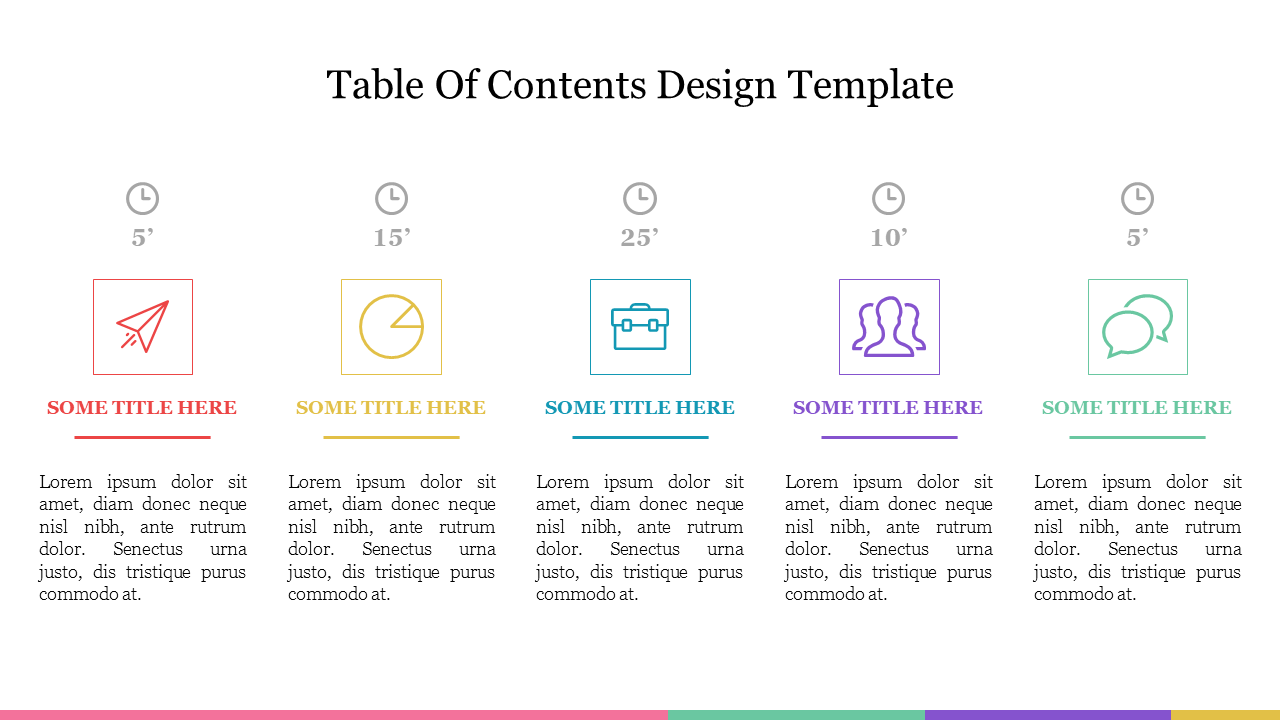 Table of contents design template with five sections each section has a numbered icon, a title, and placeholder text.