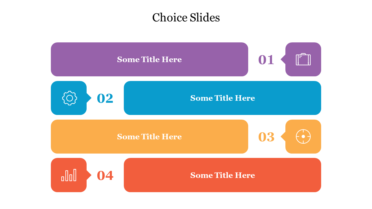 Choice PPT slide with four distinct sections in purple, blue, orange, and red with icons on a white backdrop.