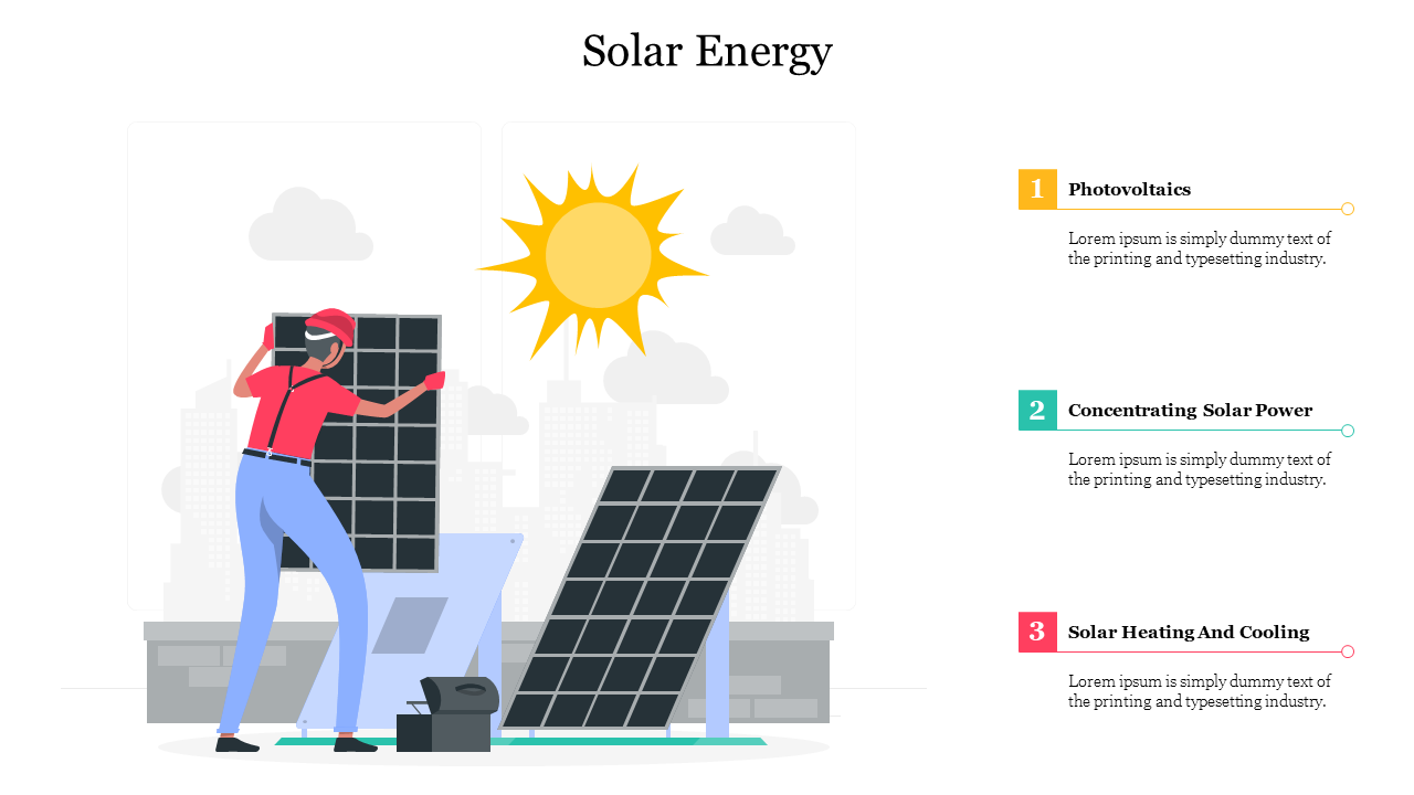 Illustration of a worker installing solar panels with a sun icon above, alongside three numbered placeholders on the right.