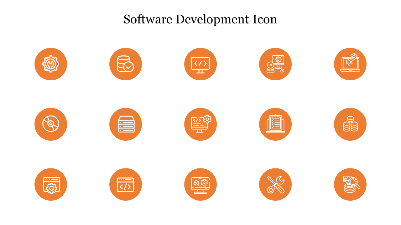 A grid of orange circular icons representing various aspects of software development, including coding, data, and settings.