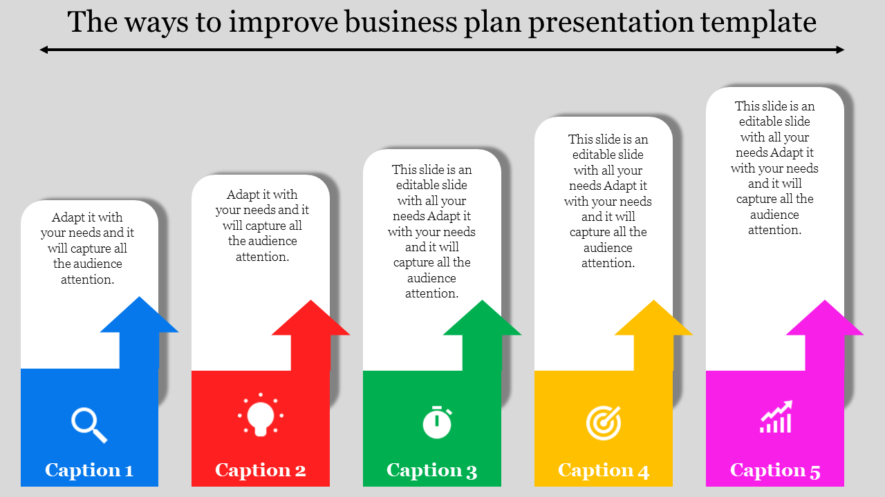 Business plan template featuring five colorful upward arrows with captions and icons for steps or processes.