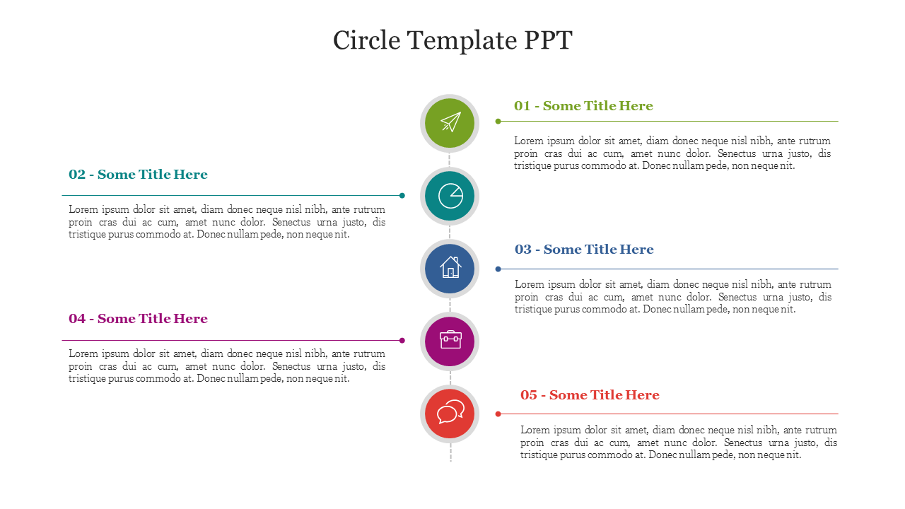 Vertical arrangement five colored circular icons in green, teal, blue, purple, and red, each connected to a text section.