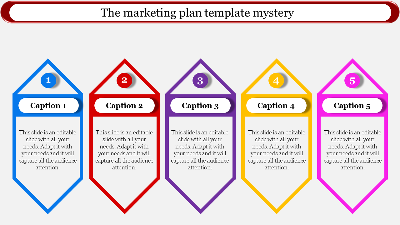 Colorful marketing plan template with numbered sections, each with captions.