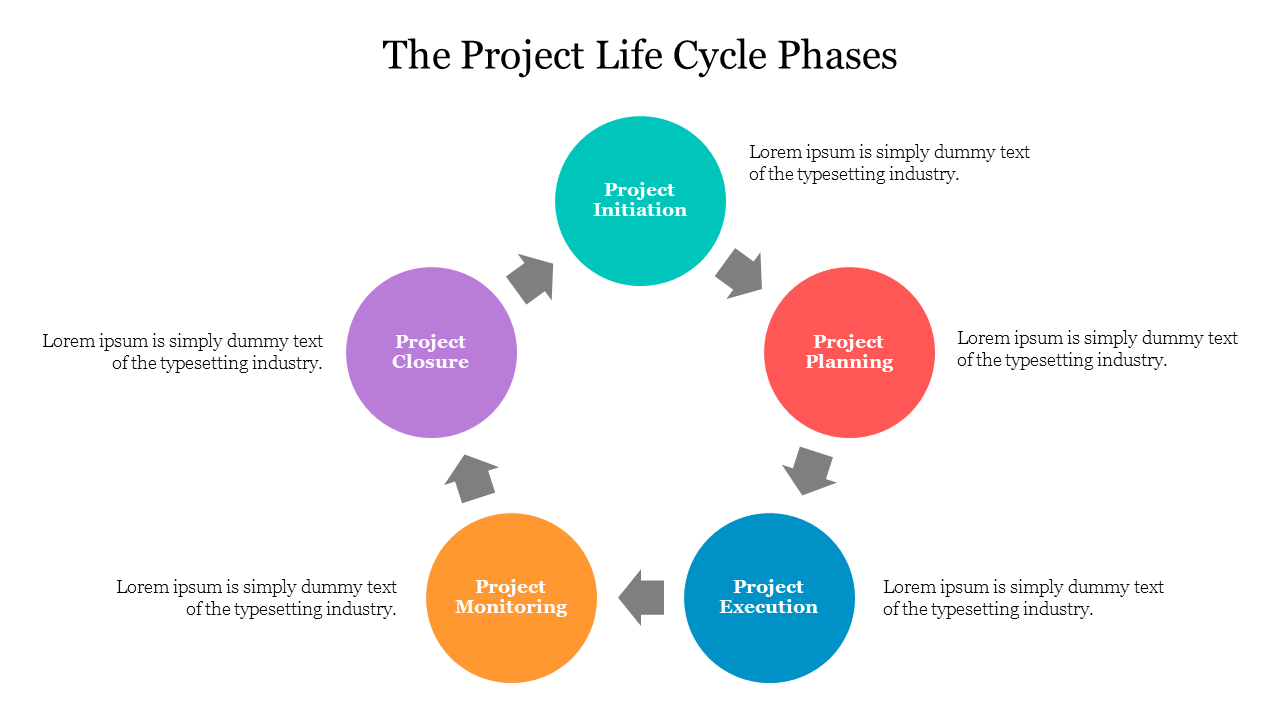 Colorful circular diagram slide illustrating the project life cycle phases with placeholder text.