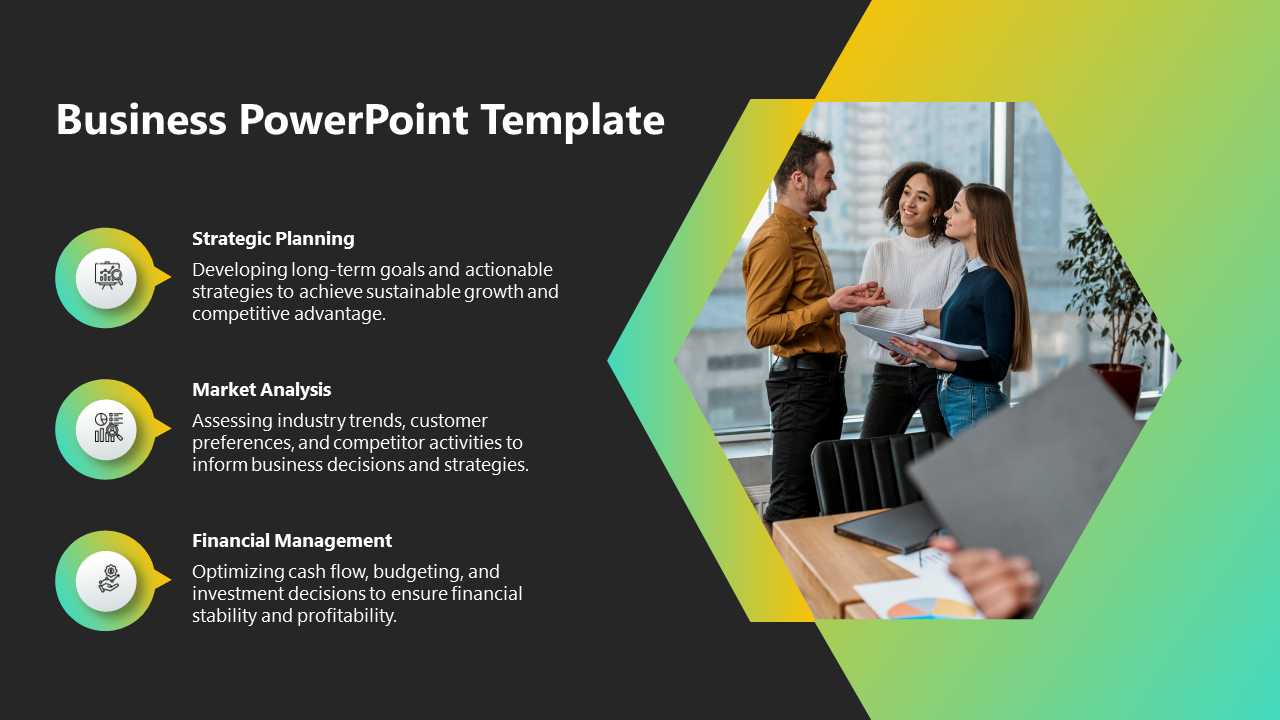 Slide combining business strategy elements on the left with a vibrant hexagonal image of colleagues in discussion.