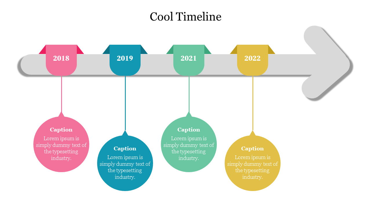 Timeline with four colored cool circular milestones from 2018 to 2022, each with a placeholder text below.