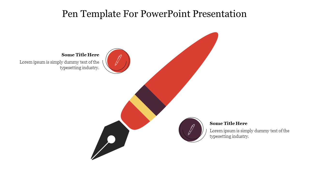 PPT slide featuring a colorful pen illustration with space for two titles and descriptions with icons.