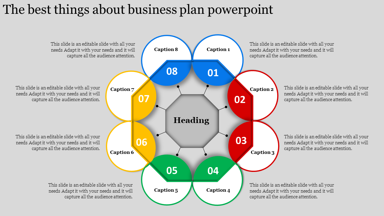 Business plan layout surrounded by eight color-coded circular segments connected to the central heading.