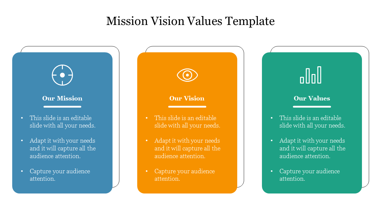 Mission, vision, and values slide with icons and colorful text boxes with text area.