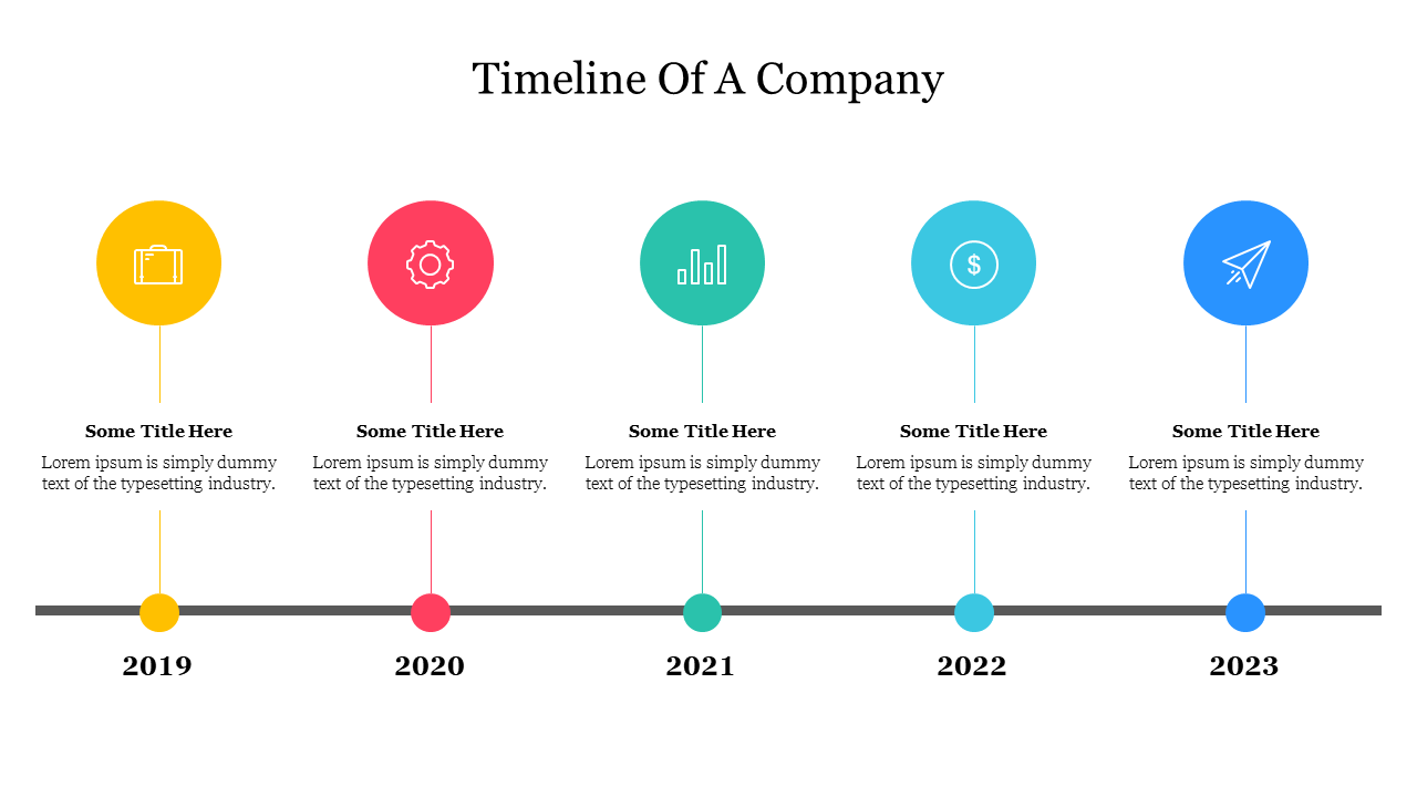 Company timeline slide from 2019 to 2023 with color coded icons representing milestones including a brief description.