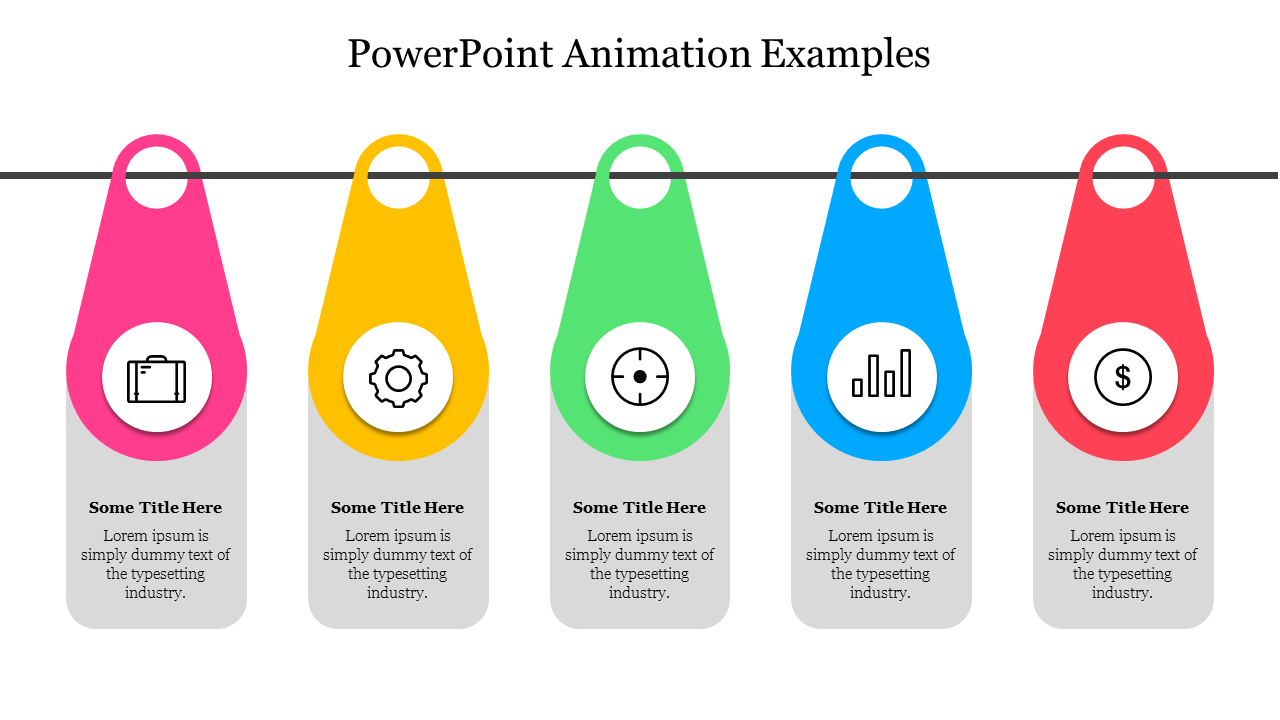 Five colorful tags with icons and text beneath each, hanging from a black horizontal line, representing different elements.