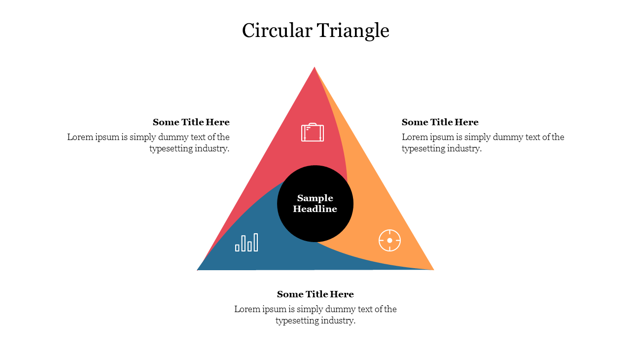 Colorful diagram of a circular triangle divided into three sections with icons and a central circle for a sample headline.