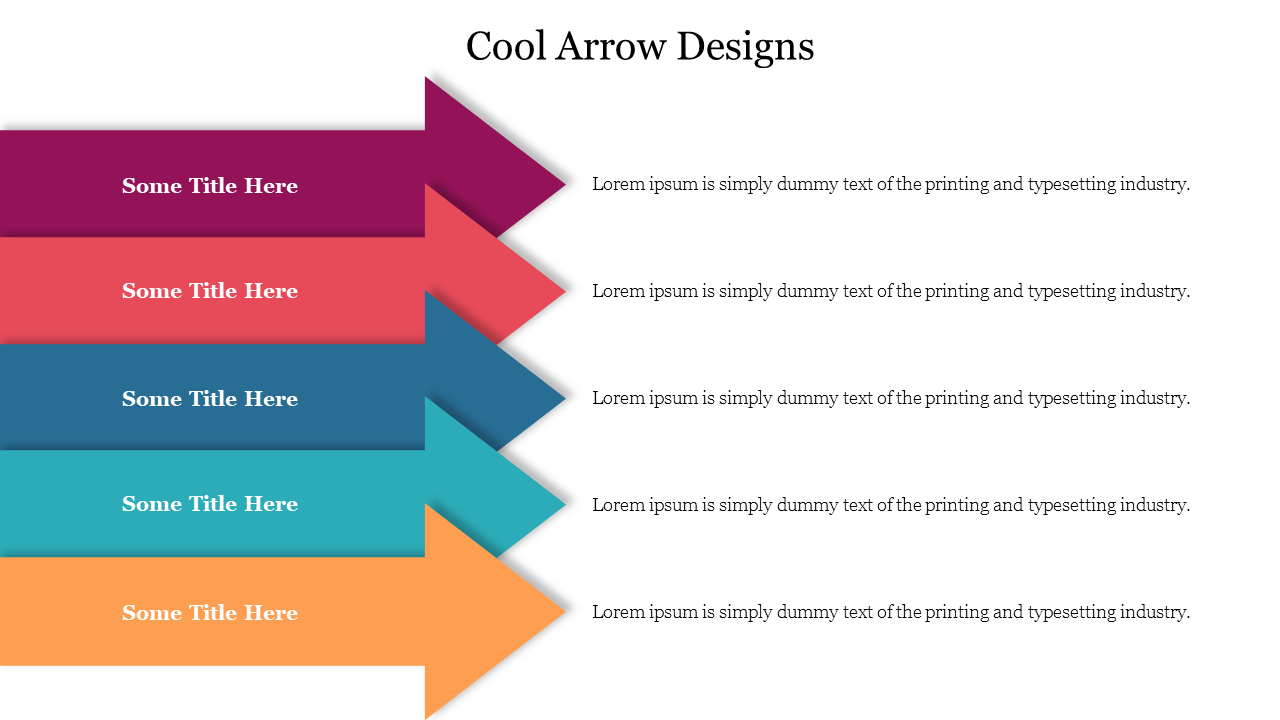 Visual display of cool arrow design layout slide showcasing various colors with placeholder text.