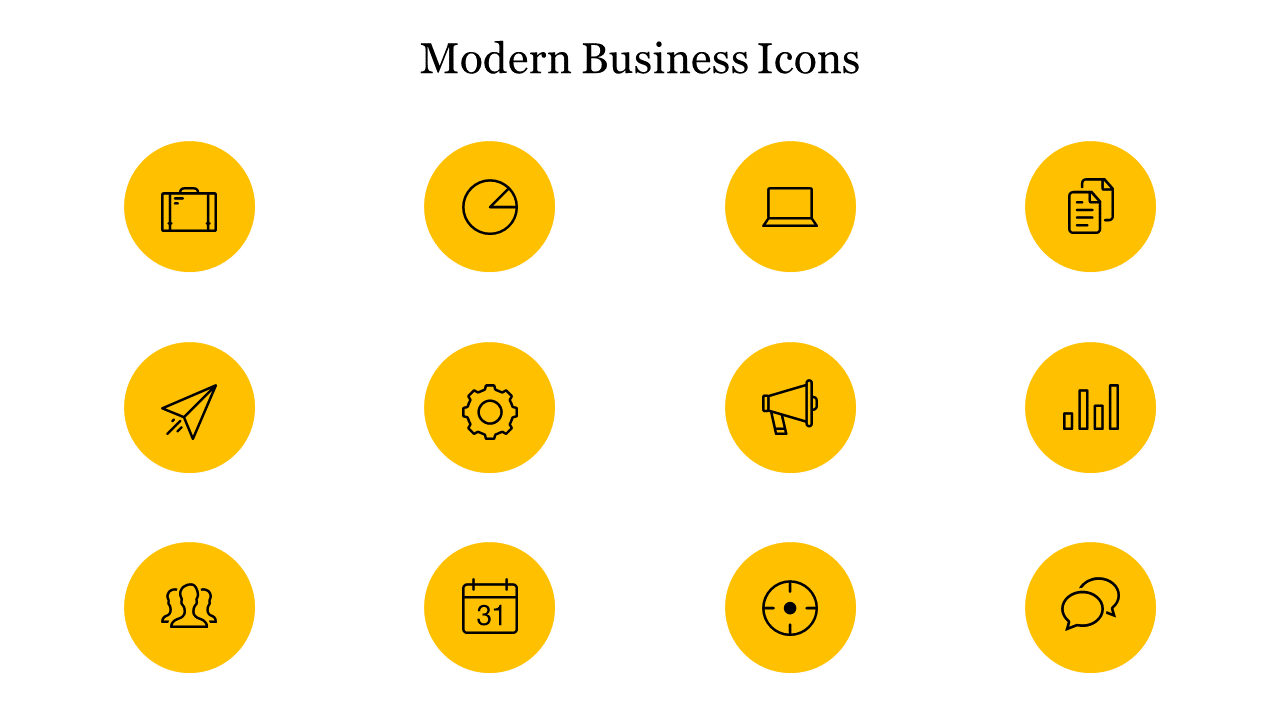 A collection of modern business icons displayed in yellow circles, featuring many symbols.