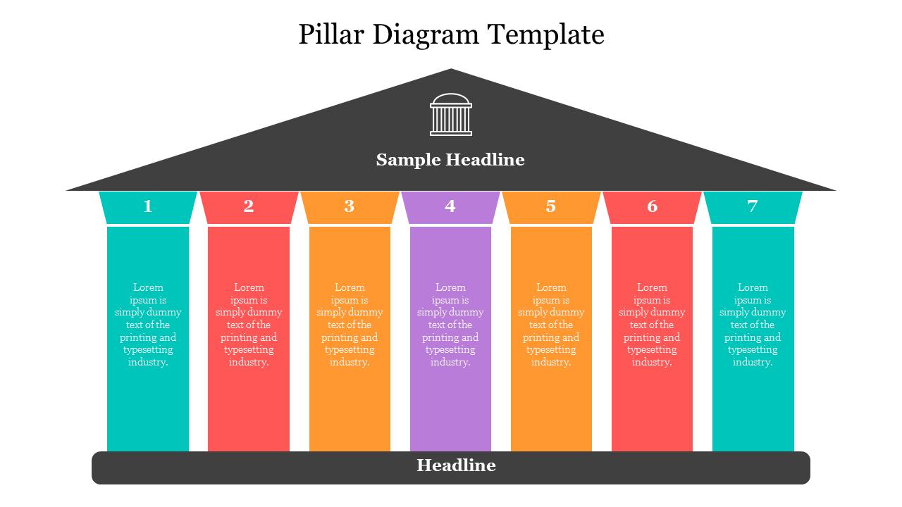 Pillar diagram slide with seven labeled columns, each in a different color, supporting a roof with space for a headline.