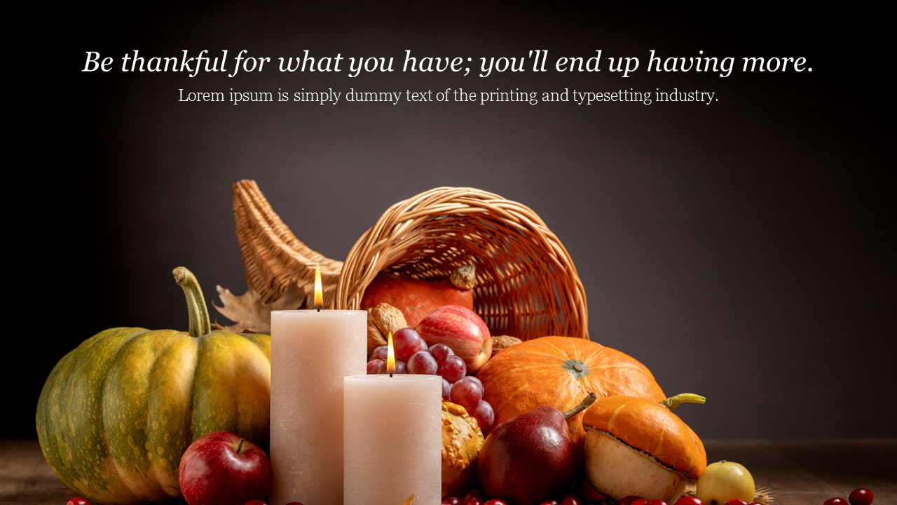 Thanksgiving arrangement with candles, pumpkins, and a cornucopia filled with fruit, on a dark background, with a quote.