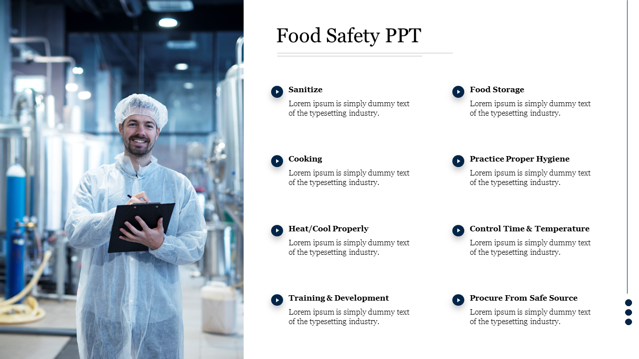 Food safety slide featuring a worker in a clean uniform holding a clipboard, with safety practices listed on the right.