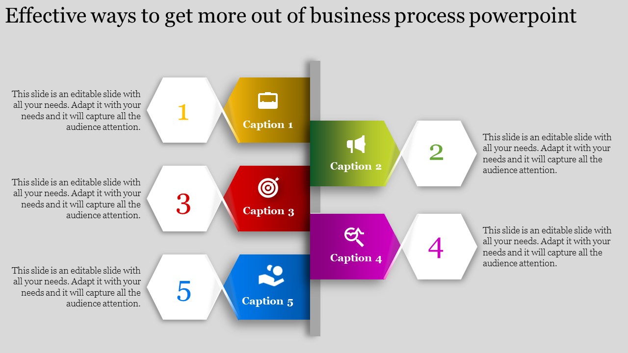 Business slide with alternating colored arrow captions and white hexagons, divided by a vertical line, numbered 1 to 5.