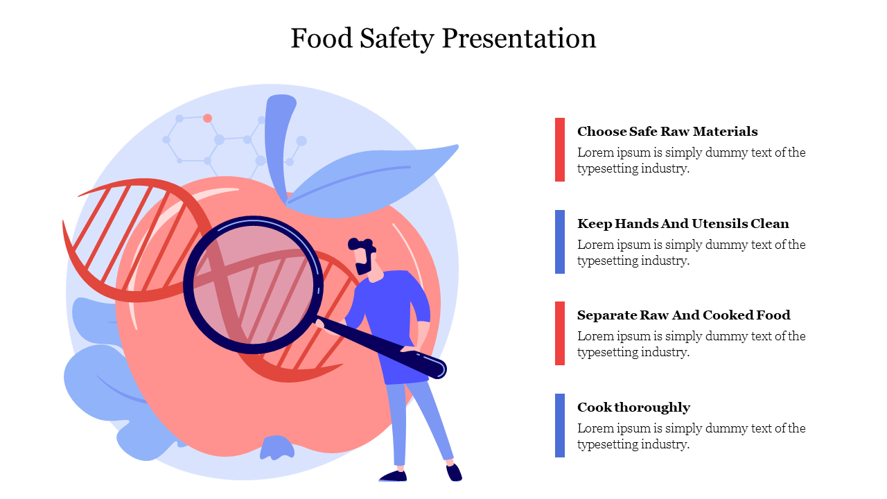 Food Safety slide with tips on choosing safe raw materials, cleanliness, separating foods, and cooking thoroughly with text.