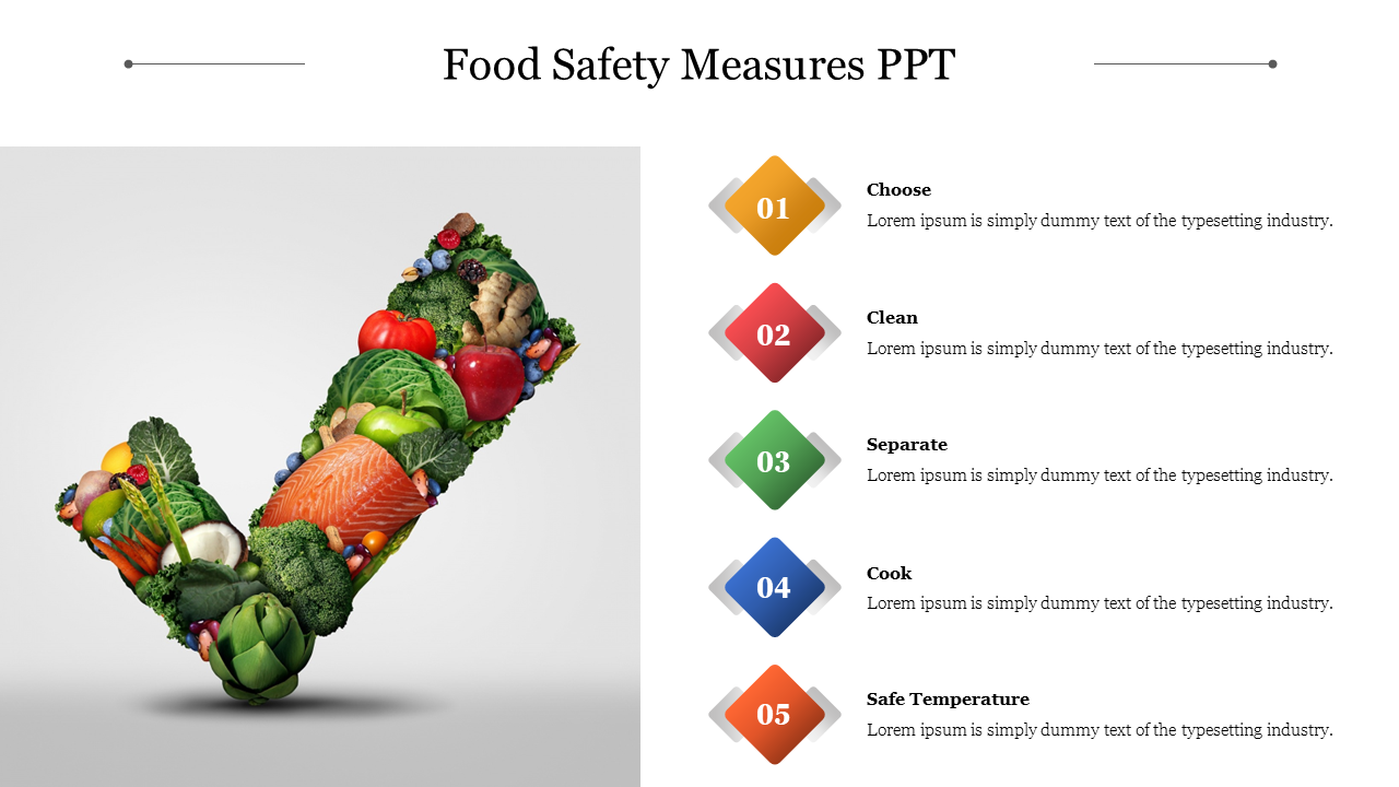 A checkmark made of assorted vegetables and fruits next to five colored diamond icons listing food safety steps.