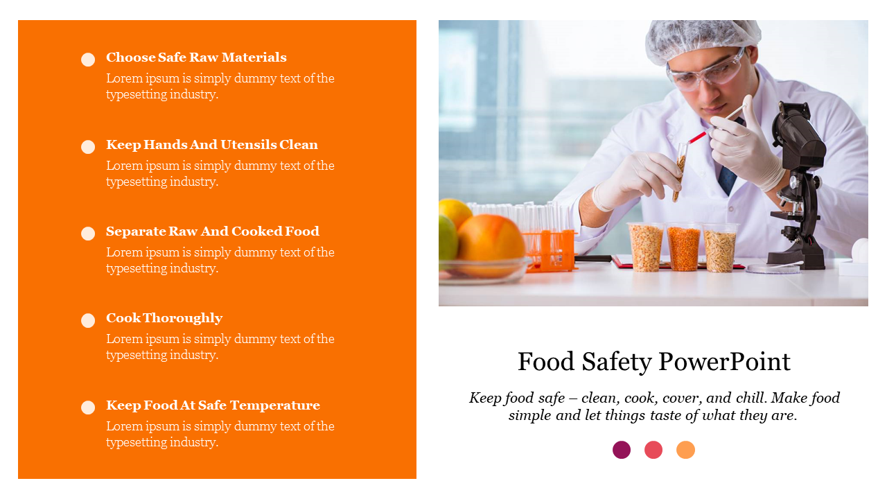 Orange sidebar listing food safety tips using bullet points and a food scientist examining samples with a microscope.