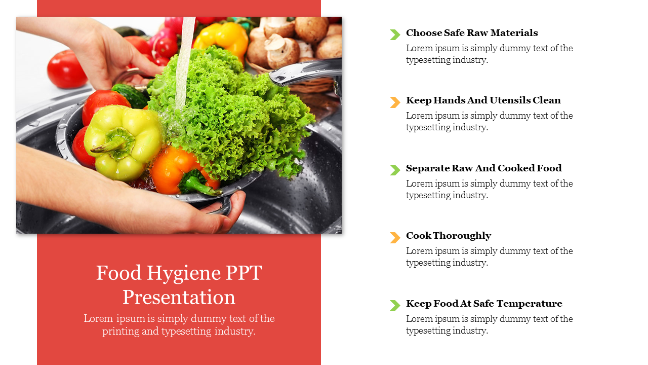 Vegetables being washed under a faucet with a red overlay text and five hygiene tips listed on the right.