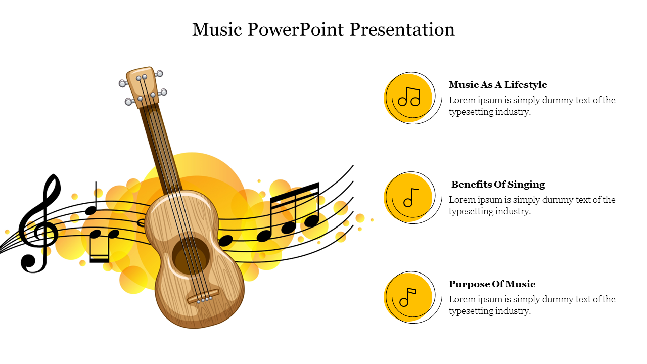 Wooden guitar surrounded by flowing musical notes, with three yellow icons and text aligned on the right.