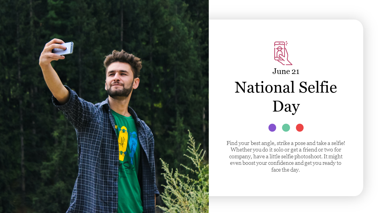 Man taking a selfie in a green setting and text about National selfie day on June 21, against a light background.