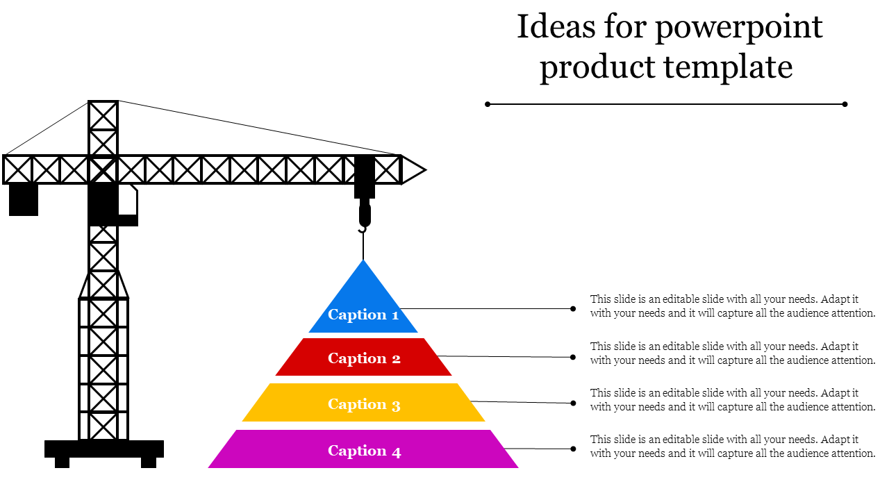 Product template with a crane lifting a four-layer pyramid in blue, red, yellow, and pink, labeled captions 1 to 4.