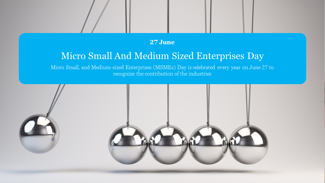 Newton's cradle with silver balls in motion, a blue banner at the center highlighting micro small and medium enterprises day.