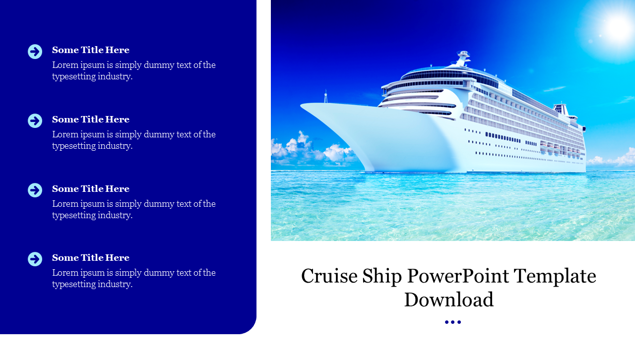 A cruise ship gliding through clear blue waters with a bright sky, paired with a list of bullet points on the left.