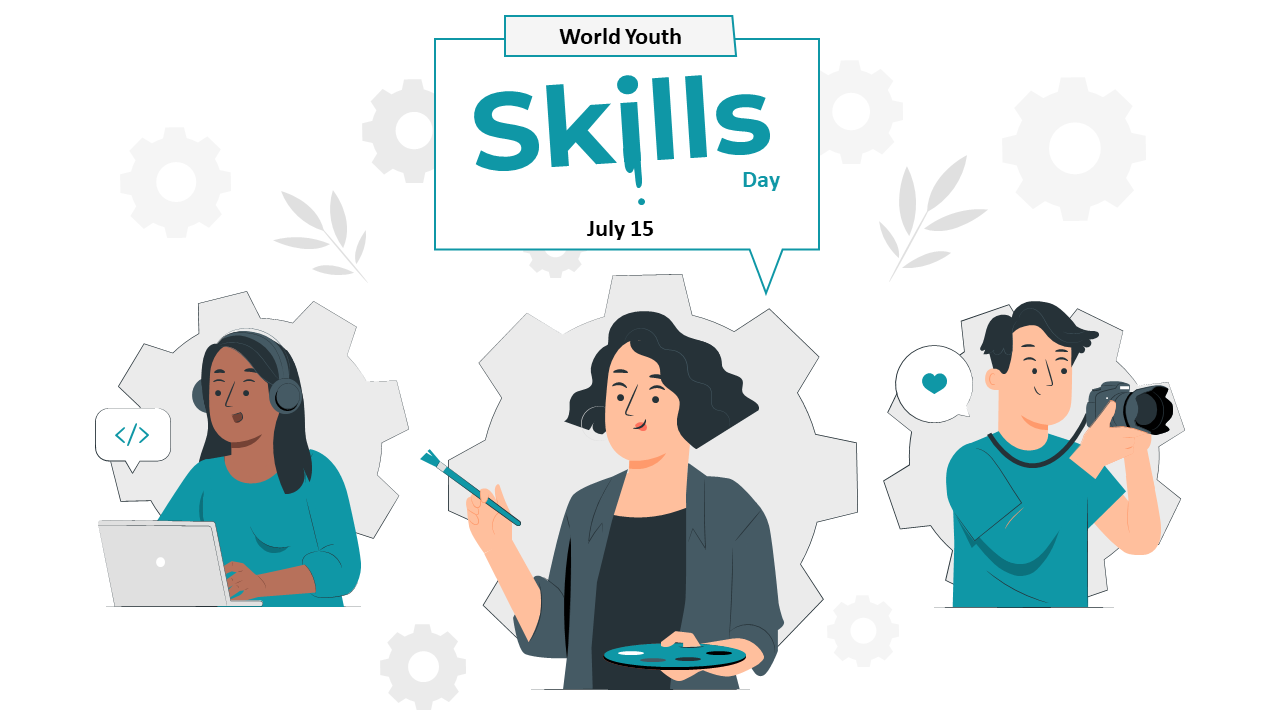 Illustration of three youths showcasing skills in coding, art, and photography for World youth skills day on July 15.