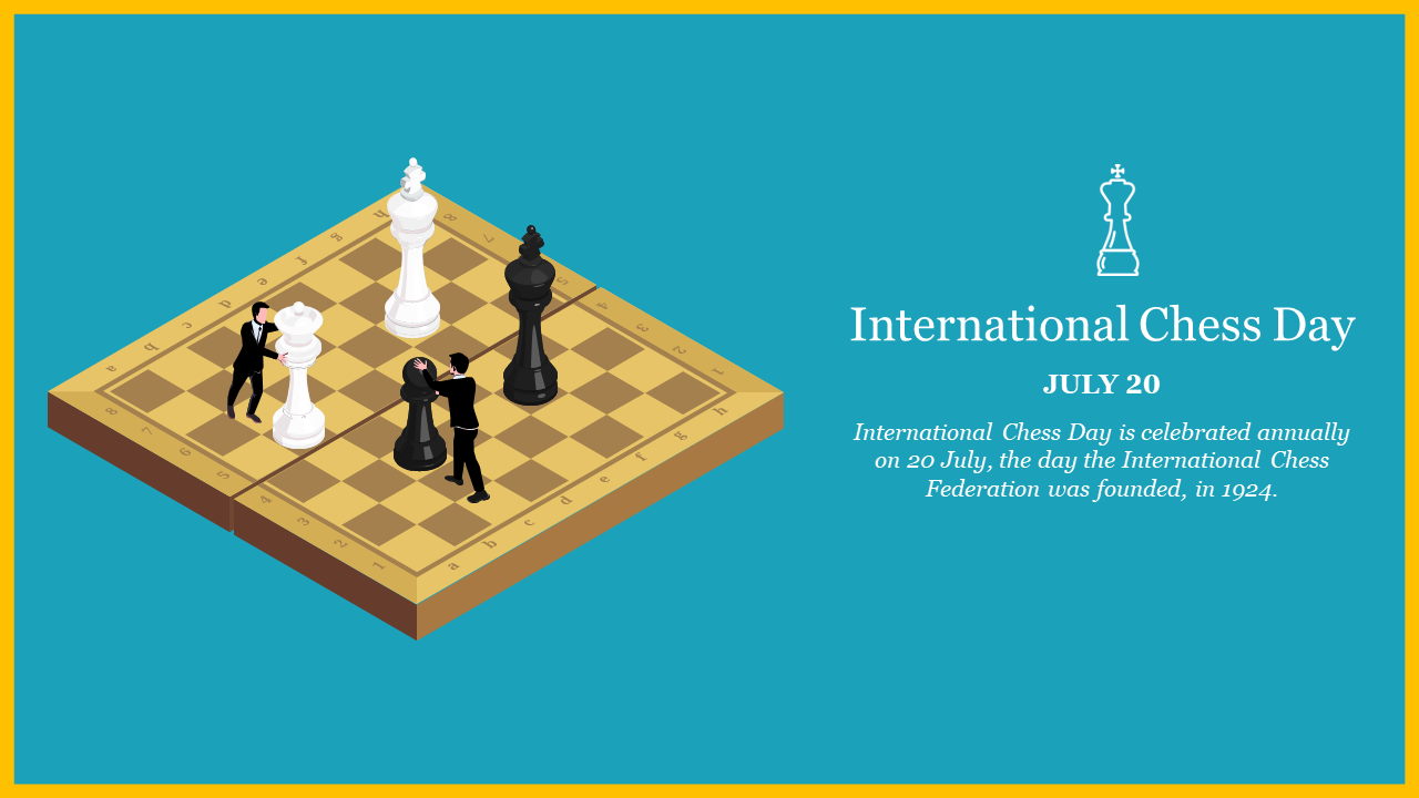 Illustration of chessboard with persons moving the pieces, and text about International Chess day, on a blue background.