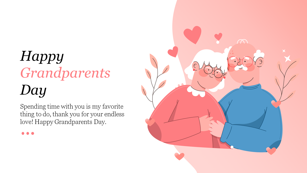 Slide featuring an illustration of smiling grandparents embracing, surrounded by hearts, with a greeting message on the left.