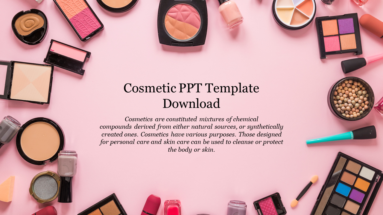 Cosmetics slide arranged on a pink background, featuring a variety of beauty products with a text description.