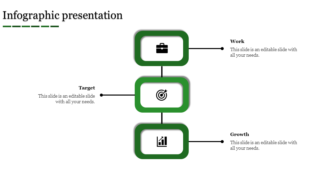 PowerPoint slide showing an infographic with three sections Work, Target, and Growth, each represented with relevant icons.