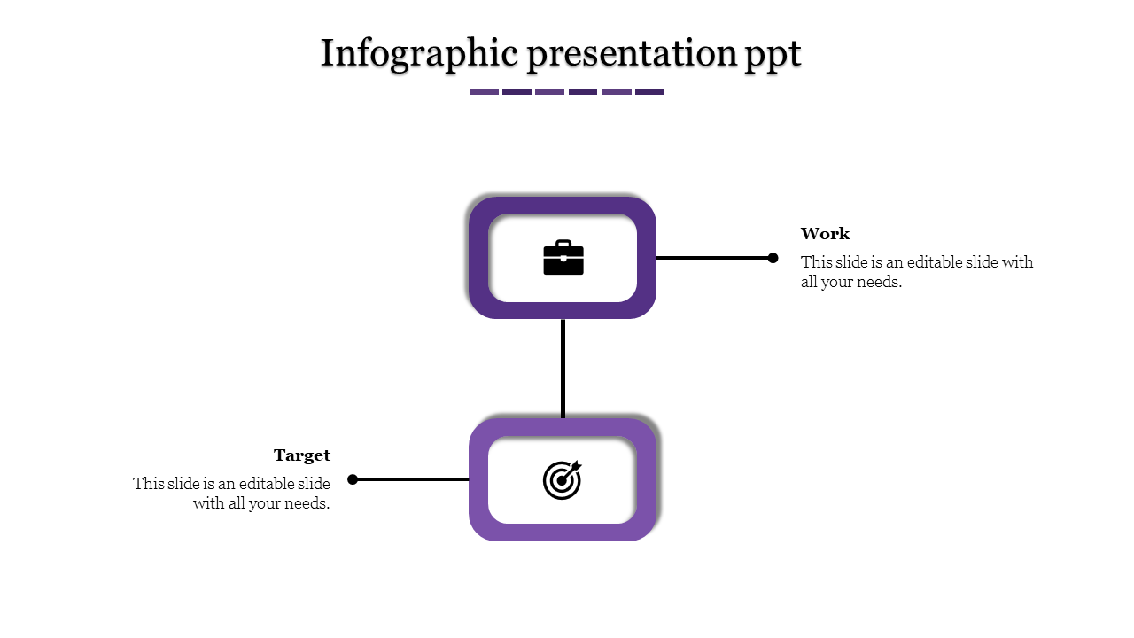 Infographic slide with two purple bordered boxes, with icons for work and target, connected by lines and captions.