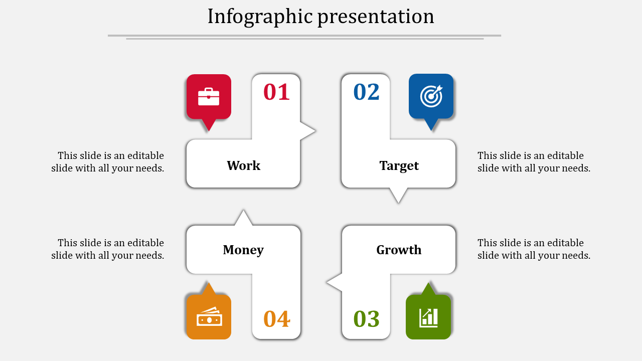 Infographic presentation with four labeled sections Work, Target, Money, and Growth, each represented by icons.