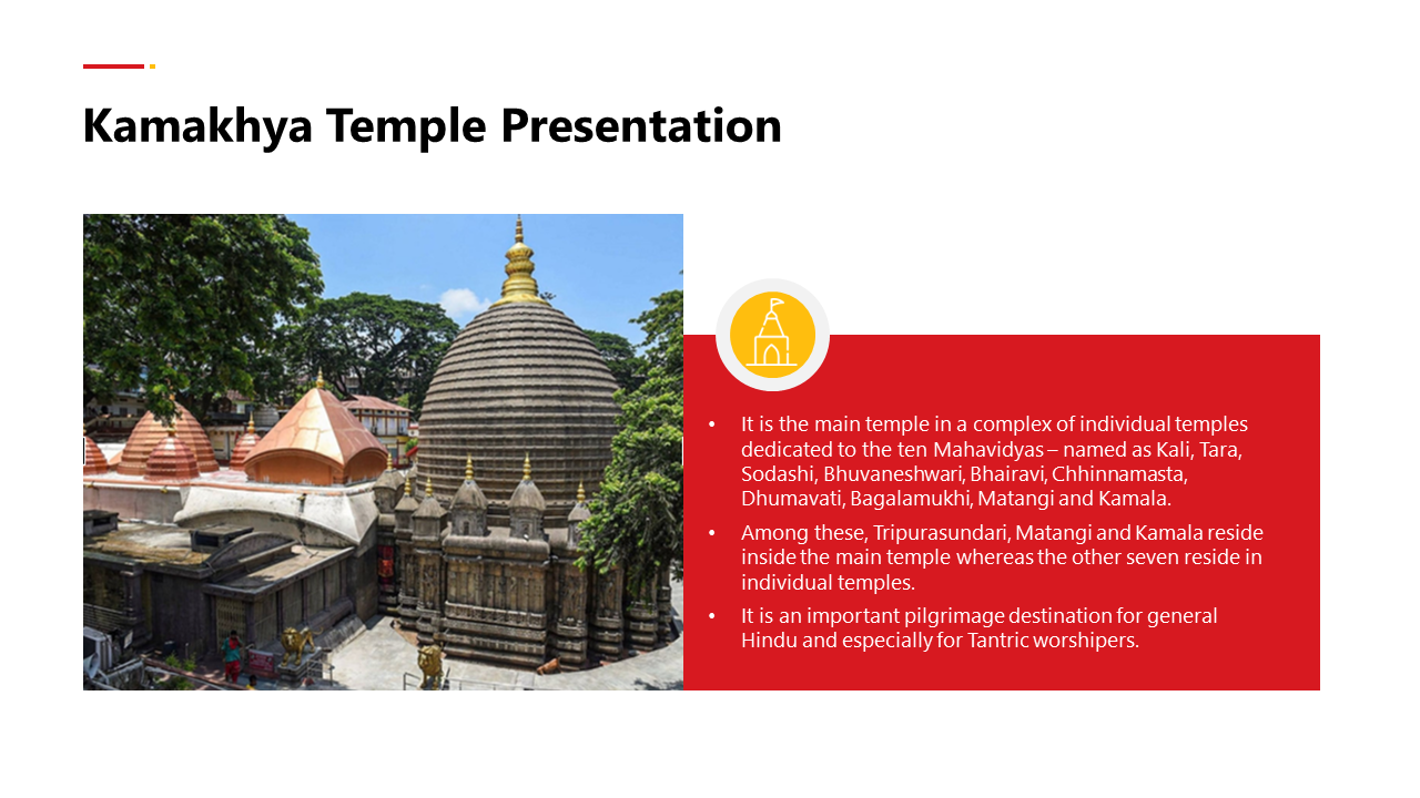 Kamakhya temple photo on the left, with a red background text box providing details with a yellow icon.