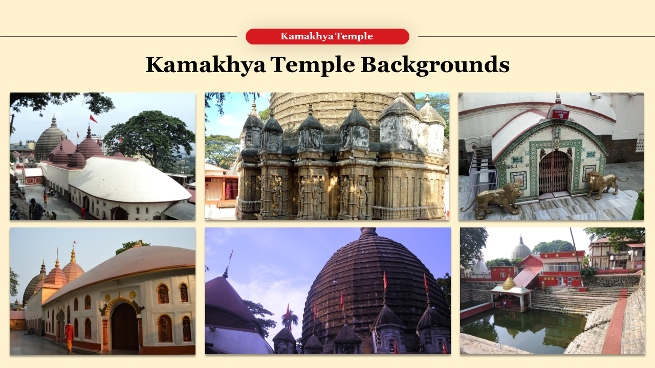 Collage of various views of Kamakhya temple slide showcasing different architectural styles set against a scenic background.