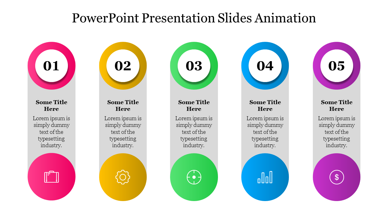 Infographic with five vertical columns in pink, yellow, green, blue, and purple, each featuring icons and numbered circles.