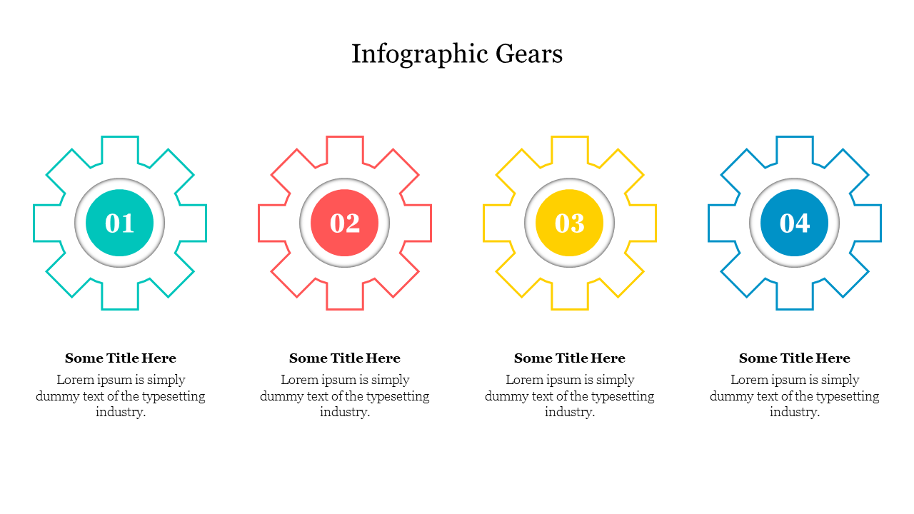 Four-gear infographic with colorful gears numbered, each with space for a title and text, arranged in a horizontal layout.