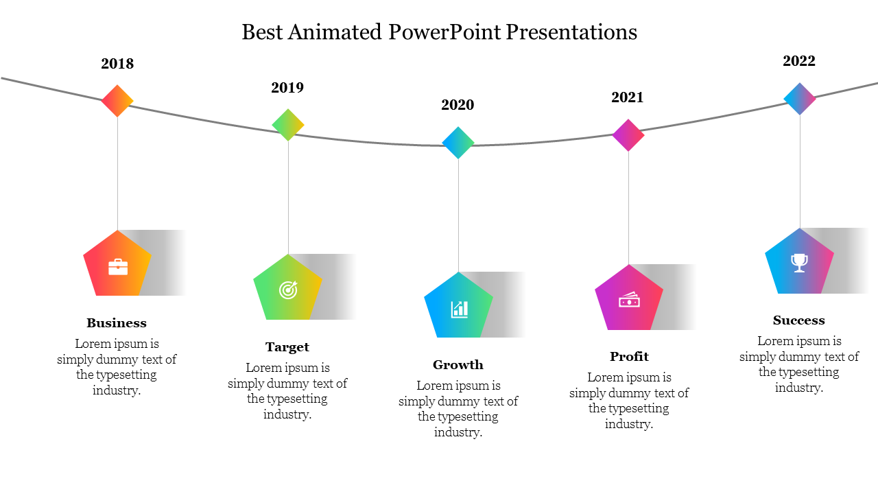 Timeline slide from 2018 to 2022, with hanging pentagons in vibrant colors, each representing a different milestone icon.