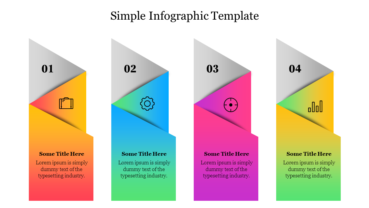 Colorful four-step infographic with numbered segments featuring icons and placeholder text areas.