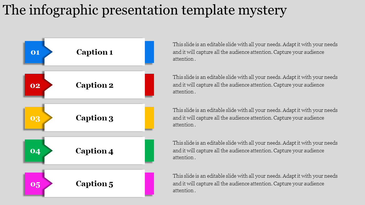 Five-step horizontal infographic with numbered boxes in blue, red, yellow, green, and pink, each with a caption areas.