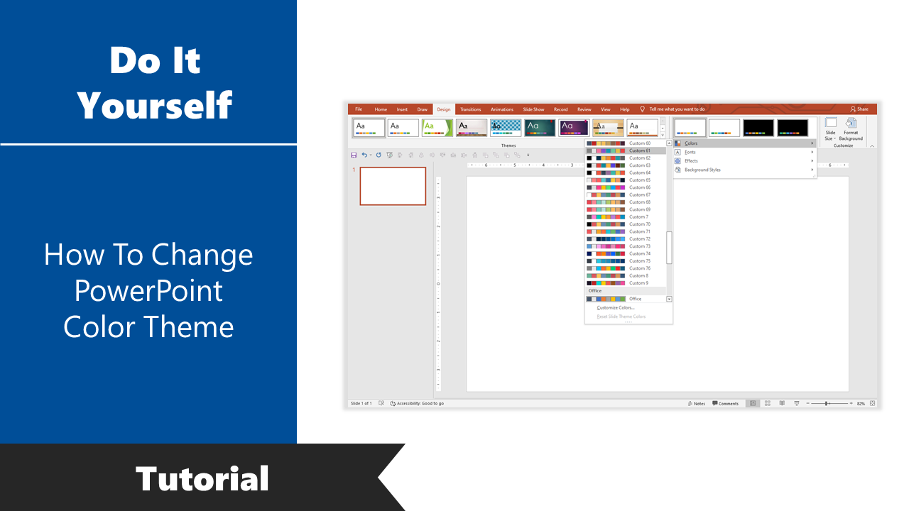 Tutorial on changing the color theme in PowerPoint, showcasing various color options under the design tab.