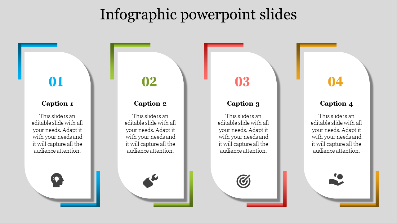 Infographic slide with four numbered sections, each containing a title, description, and unique icon.